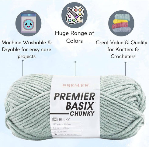 Premier Basix Chunky Knitting Yarn Jade 1145-30 (3-Pack) Same Dye Lot Chunky Bulky #5 Soft 100% Acrylic Bundle with 1 Artsiga Craft Bag...