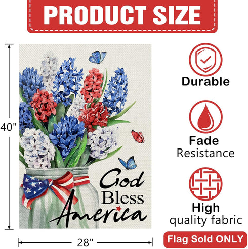 God Bless America 4th of July Patriotic 28 x 40 House Flag Double Sided, American Hyacinth Floral Flower Mason Jar Garden Yard Decoration, USA Bur...