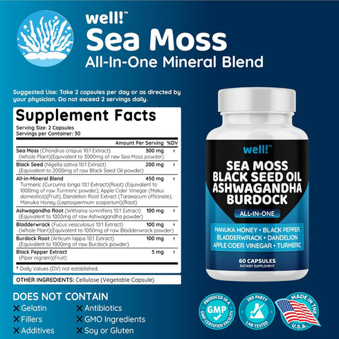 Sea Moss 3000, Black Seed Oil 2000, Ashwagandha 1000, Bladderwrack, Maca Turmeric - Manuka Honey, Dandelion & Black Pepper, Super Antioxidants Sup...