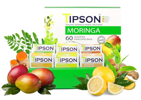 Tipson Organic Moringa Variety Sampler - 6 Flavors (60 Tea Bags),- Herbal Tea Infusions - USDA Organic, Non-GMO, and Gluten Free...
