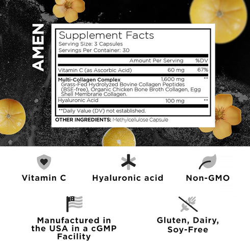Amen Multi Collagen Peptides Capsules with Hyaluronic Acid and Vitamin C - 5 Types of Collagen Protein Type I, II, III, V, X - Grass Fed Hydrolyze...