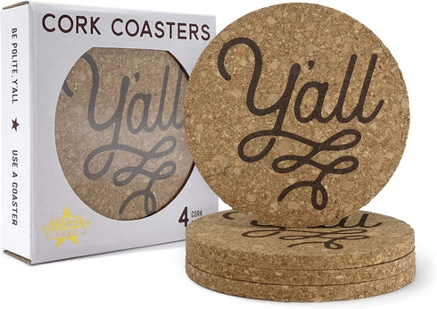 Y'all Texas Coaster Set Cork 3.5 Inch Coasters - 4 Texas Coasters Texas Gift...