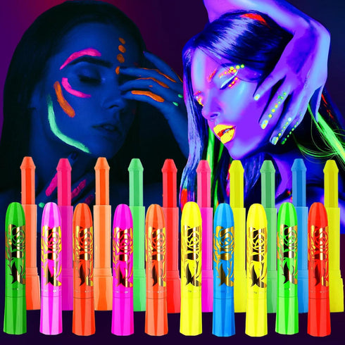10 Colors Glow in The Black Light Face Paint Crayons Kit, UV Black Light Makeup Neon Face and Body Paint Sticks Markers for Mardi Gras Halloween M...