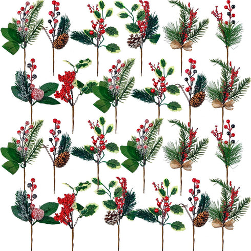 WILLBOND Artificial Christmas Tree Picks Red Berry Pine Picks Spray Berry Branches Holly Pine Flower Pick Berry Pinecones for Christmas Crafts Par...