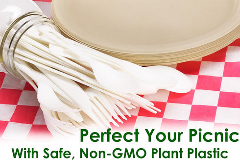 Non-GMO Plant-Based Plastic Cutlery Combo Pack. 25 Place Settings (Fork, Knife, Spoon) of Certified Compostable, Disposable, Eco-Friendly Silverwa...