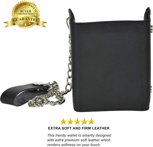 BLACK GENUINE LEATHER Trifold Biker's Eagle Wallet ID Card Holder With Chain...