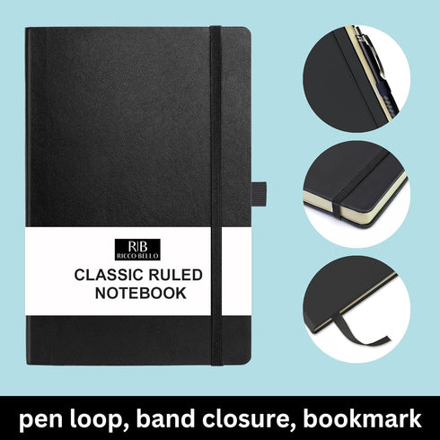 RICCO BELLO Classic College Ruled Notebook | Faux Leather Hardcover Lined Writing Journal for Work, Home, School | 192 Lined Pages, 5.7 x 8.4-Inch...