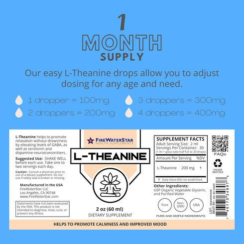 FWS L Theanine Liquid Drops, 200mg 99% Pure Bioactive L-Theanine, Organic, Natural, Vegan, Non GMO Helps to Promote Calmness, Relaxation, Improved...