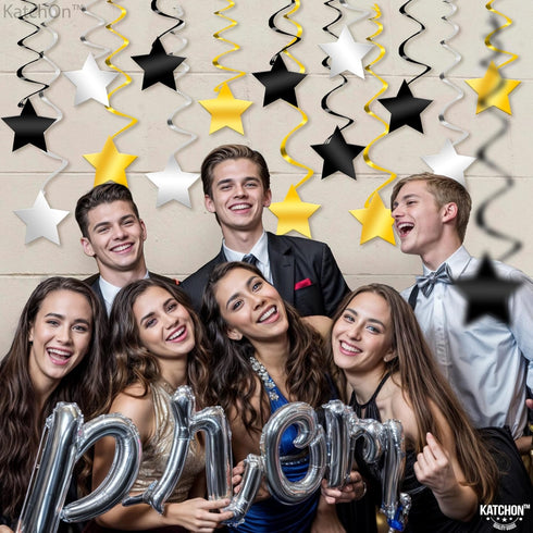 KatchOn, Black Gold and Silver Star Hanging Swirls- Pack of 30,No DIY | Black and Gold Party Decorations | Graduation Decor Class of 2025 | Gradua...