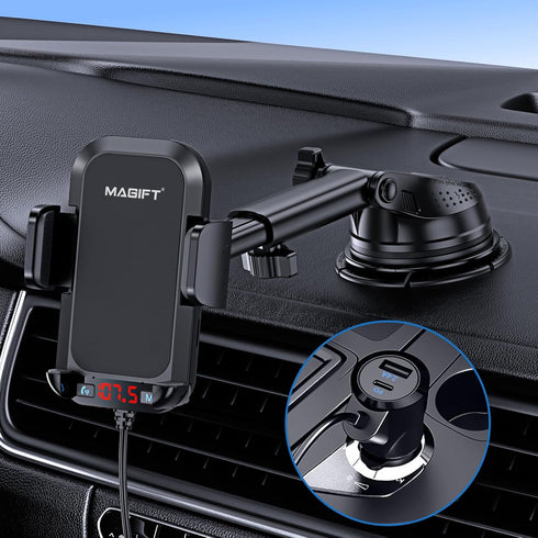 54W Bluetooth 5.3 FM Transmitter Car Adapter with Phone Holder 3-in-1, HiFi Bass Sound, Hands-Free Calling, 36W PD, QC 18W Supports TF/SD Card 64G...