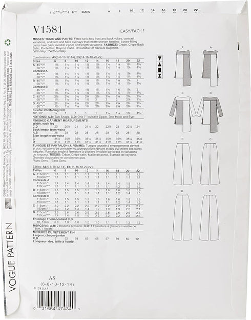 Vogue Patterns Sportswear Misses' Tunic and Pants, 6-8-10-12-14, Orange...