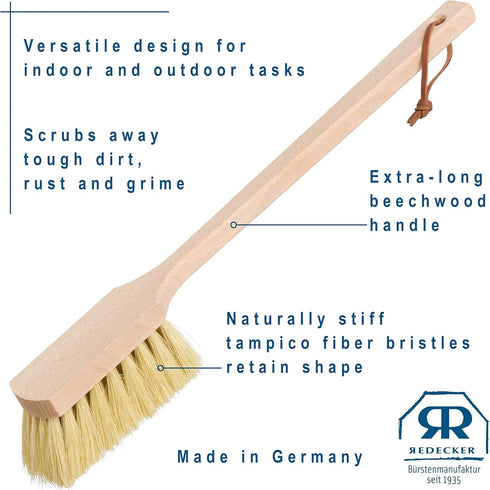 Redecker Wheel Brush, Extra-Long Handle, Beechwood and Durable Tampico Fiber, 17-3/4 inches, Made in Germany...