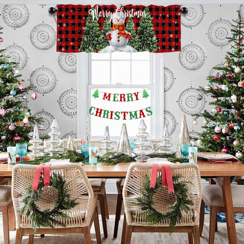 Christmas Valance for Windows Snowman with Xmas Tree Window Toppers Valances Rod Pocket 1 Panel Red Buffalo Plaid Check Window Treatments for Kitc...