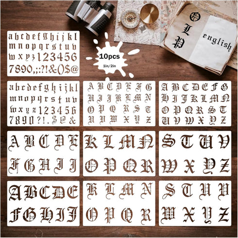 10 Pieces Old English Stencil Template 1 and 2 Inch Reusable Gothic Letter Stencils, Plastic Numbers Stencils, Gothic Font Stencils for Notebook J...