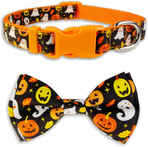 Halloween Dog Collar with Bow tie, Ghost and Pumpkin Holiday Pet Collar for Small Medium Large Dog Puppies...