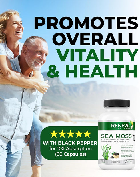 Renew Actives Sea Moss Capsules - Premium Triple-Action Antioxidant Blend with BioPerine for Ultimate Absorption - Organic Irish Sea Moss, Bladder...