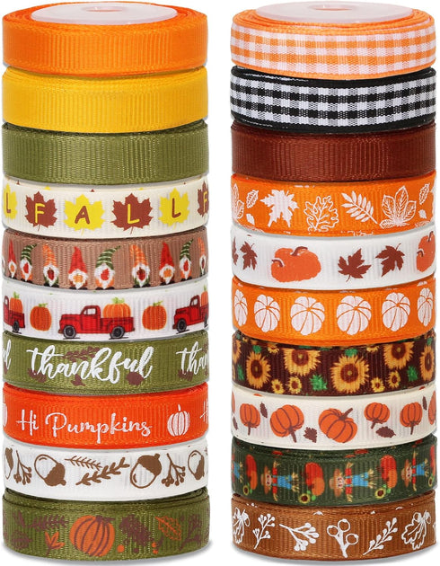 Fall Ribbons 3/8 Inch x 300Fts (20 Rolls x 15Ft), Pumpkin Ribbon/Thanksgiving Harvest Ribbon for Wrapping DIY Craft Decor...