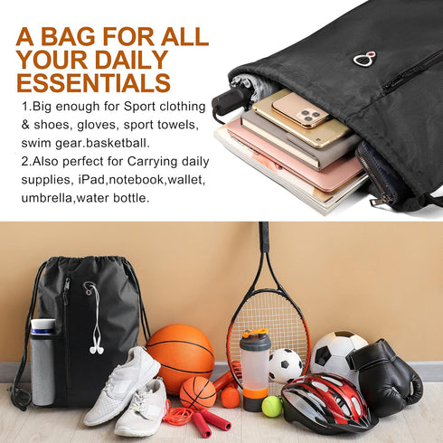 BeeGreen Black Drawstring Backpack Gym Bag For Men Women String Sports Backpack With Water Bottle Mesh Pockets And 2 Zippered Pocket Large Cinch S...