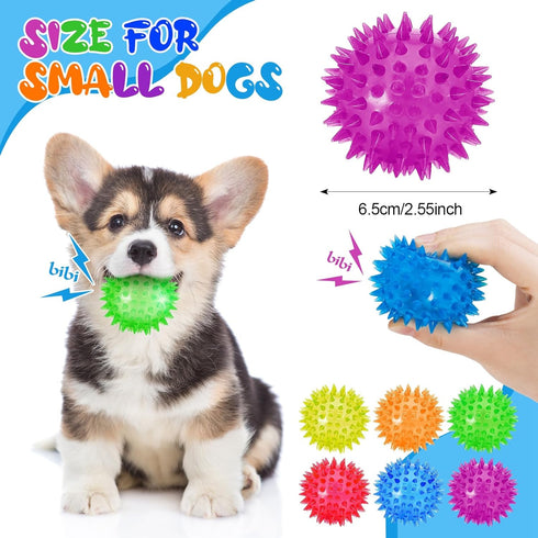 6 Pcs Light Up Spiky Ball Dog Toy, Dog Chew Toys for Teething, Glow in The Dark Dog Balls, Spikey LED Flashing Rubber Dog Ball Bounce-Activated Pu...