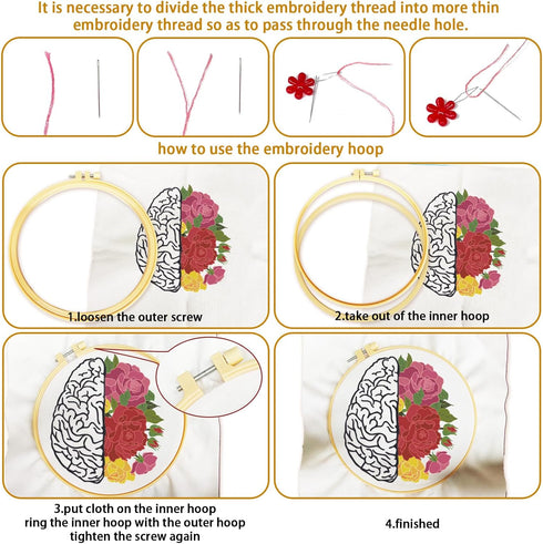 BEUNITONE 4 PCS Brain Embroidery Kit Heart Flower Cross Stitch Kit for Adults Lung Embroidery Starter Kit Bone Needlepoint Kit for Beginners Inner...