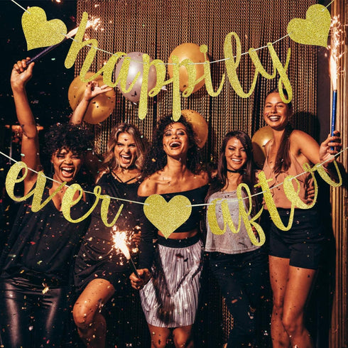Happily Ever After Banner Gold Glitter, Bachelorette Party Decorations, Happily Ever After Decorations, Bridal Shower Banner, Wedding Engagement D...