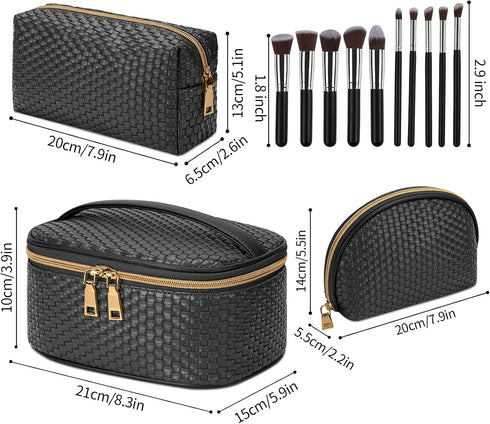 KTMOUW Makeup Bag 3 Pcs Waterproof Cosmetic Bag Set with 10 Makeup Brushes Portable Travel Cosmetic Bag Multifunction Organizer Storage Bag Weave ...
