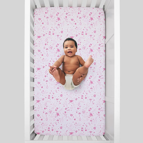 NoJo Disney Princess - Dare to Dream White & Pink Castle, Hearts & Stars Fitted Crib Sheet, Pink, White...
