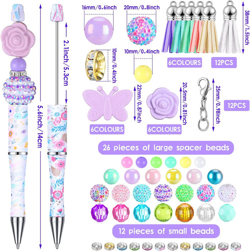 Teling 12 Pcs Beadable Pens Plastic Black Ink Ballpoint Pen with Assorted Spacer Beads Silicone Beads and Tassels and 12 Pcs Lobster Clasps for Of...