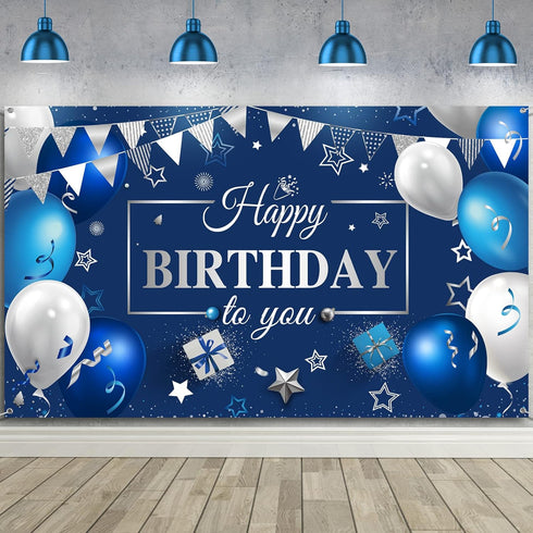 Sumind Happy Birthday Decorations Backdrop Banner, Navy Blue and Silver Party Decoration Banner Sign Photo Background for Men Women Birthday Suppl...