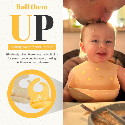 PARKER & ELOWYN Soft Waterproof Silicone Bib Set of 2, Unisex Baby Toddler, BPA free, Non-Toxic, Food Catcher, Easy Clean...