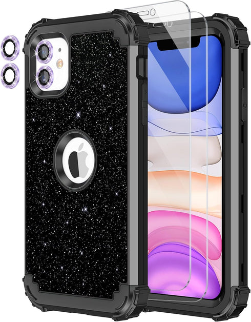 LONTECT for iPhone 11 Case Glitter Sparkly Bling 3 in 1 Shockproof Heavy Duty Full Body Sturdy Protective Case for Apple iPhone 11 with 2 Screen P...