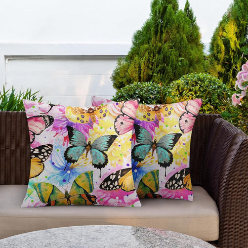 Butterfly Outdoor Waterproof Throw Pillow Covers 18 x 18 Inch Set of 2, Floral Green Tropical Pillowcase Square Cushion Case, Farmhouse Garden Dec...