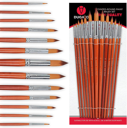 DUGATO Professional Artist Round Paint Brush Set (13pc) - Long Handle Round Pointed Tip, Anti-Shedding Nylon for Watercolor, Acrylic, Oil, Gouache...