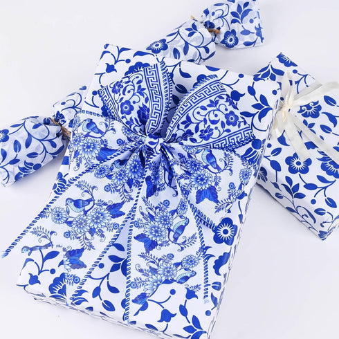 30 Yards Christmas White and Blue Wired Edge Ribbon Chinoiserie Ribbon Floral Bird Ribbon Fabric Ribbons for Crafts Wedding Wreath Bow Wrapping 2....
