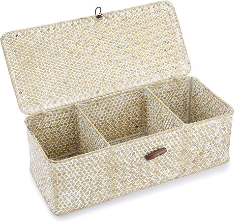 Hipiwe Seagrass Storage Basket Bin 3 Sections Hand-Woven Wicker Basket with Lid Bathroom Basket Toilet Tank Basket Holder for Organize Snack Tissu...