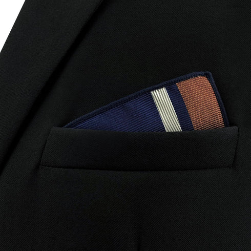 S&W SHLAX&WING Striped Pocket Square for Men Navy Blue with White Brown Stripes Business...