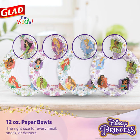 Glad for Kids Disney Princess 12oz Paper Bowls Disney Princess Paper Bowls, Kids Bowls, Kid-Friendly Paper Bowls for Everyday Use, 12oz Paper Bowl...