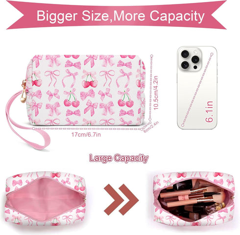 Pink Bow Makeup Bag,Cute Cosmetic Travel Bag for Women Preppy makeup pouch Cherry Strawberry Pattern,Preppy Gift for Teen Girls,Portable Handle PU...