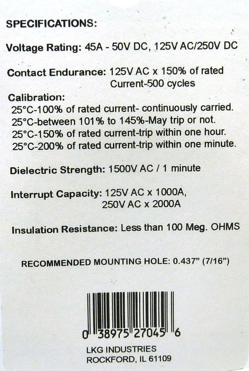 Philmore 45 Amp Push Button Manual Reset Thermal Circuit Breaker 50V DC, 250V AC...