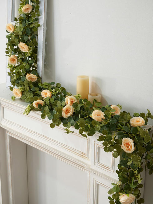 PARTY JOY 6.56ft Eucalyptus Garland with Flowers-8 Champagne Roses-Lush,Natural Looking, Floral Garland Greenery for Party Wedding Table Indoor Ou...