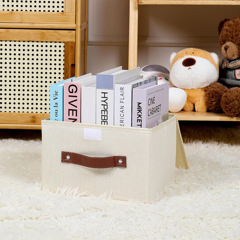 ANMINY Storage Bin with Lid Storage Boxes with PU Leather Handles PP Plastic Board Decorative Foldable Lidded Cotton Linen Fabric Home Cubes Baske...