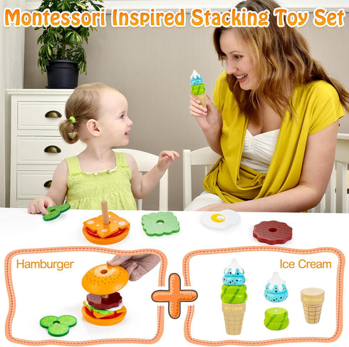 Bravmate Wooden Montessori Toys for 1 2 3 Years Old Kids, Realistic Burger & Ice Cream Toy, Stacking & Pretend Play for Little Chef, Preschool Pla...