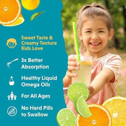 Barlean's Omega Pals Lipsmackin' Citrus Flavored Omega-3 for Kids, Yummy Children's Liquid Fish Oil Supplement with 750 mg of EPA & DHA for Brain ...