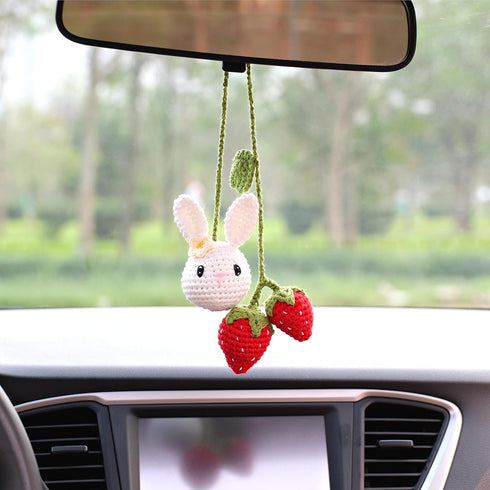 BUNNY Cute Rear View Mirror White Bunny and Strawberry Crochet Car Charm, Bunny Hanging Ornaments, Cute Fruit Car Rear Dangle Interior, Handmade K...