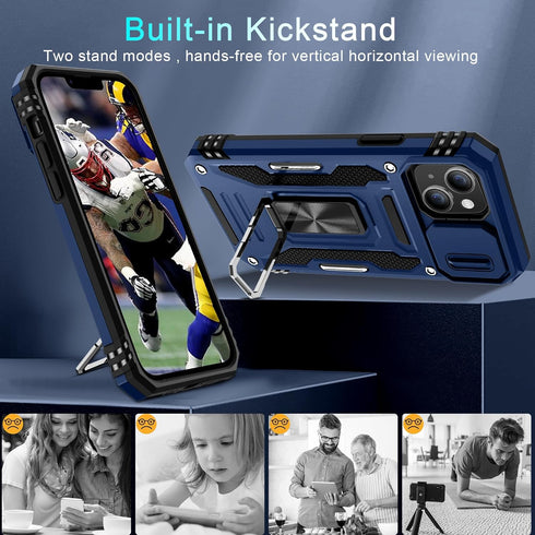 DEERLAMN for iPhone 13 Case, iPhone 14 Case with Slide Camera Cover + Screen Protector (2 Packs), Rotated Ring Kickstand Military Grade Shockproof...