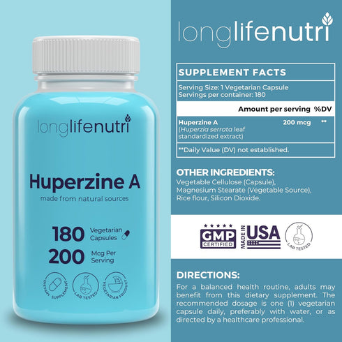 Huperzine A 200mcg - from Huperzia Serrata Leaf, 180 Vegetarian Capsules, Natural Brain Nootropic for Focus, Memory, and Clarity, 6 Month Supply, ...