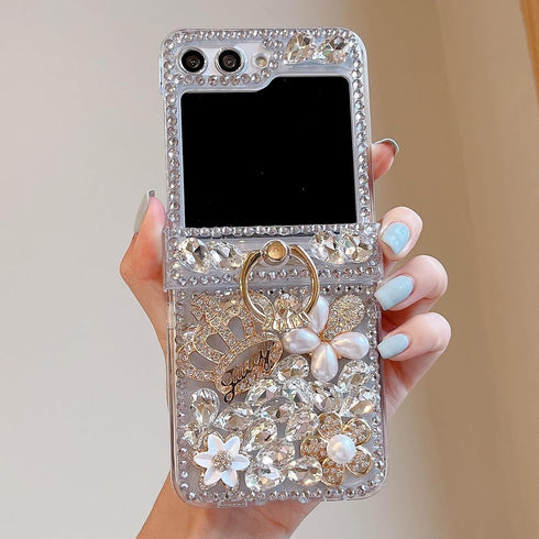 Samsung Galaxy Z Flip 5 Glitter Case with Hinge Protection Ring Holder,Cute Luxury 3D Crown Crystal Rhinestone Diamond Gems Bling Sparkle Shiny Wo...