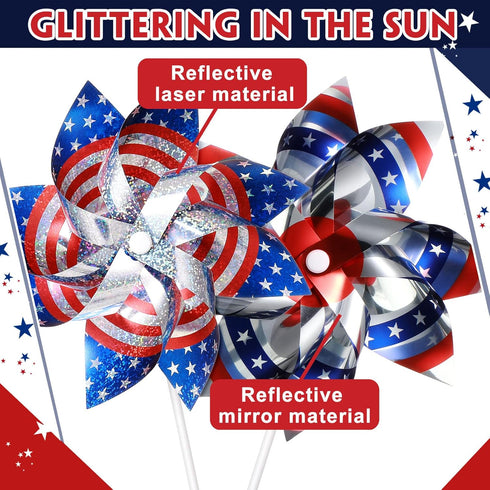 12 Pieces 7 Inch Reflective Pinwheels Patriotic Pinwheel American Flag Pattern Pinwheel for Celebrating Independence Day, Patriotic Decorations fo...