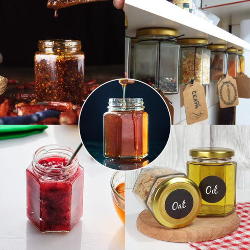 Betrome 30 Pack 6oz Hexagon Glass Jars with Gold Lids, 180ml Clear Glass Canning Jars Honey Jars Spice Jars Mason Jars for Jams, Shower Favors, We...