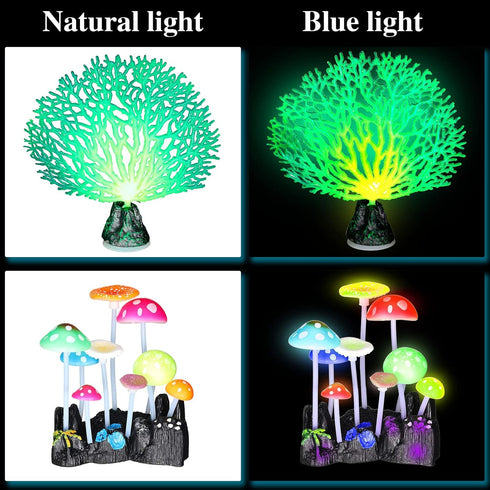 Frienda 8 Pieces Glowing Fish Tank Decorations Plants with 2 Style Glowing Kelp, Sea Anemone, Simulation Coral, Jellyfish, Lotus Leaf, Mushroom fo...